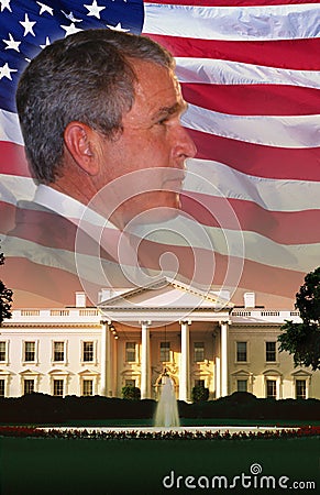 Digital composite: President Bush, The White House, and American flag Editorial Stock Photo