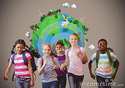 Running kids with planet earth world over blank brown background Stock Photo