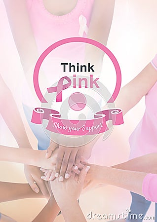 Think pink support text with breast cancer awareness women putting hands together Stock Photo
