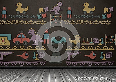 Toys graphics on blackboard in room Stock Photo