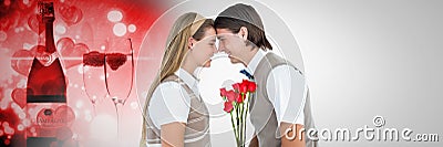 Valentines couple holding roses with love champagne background Stock Photo