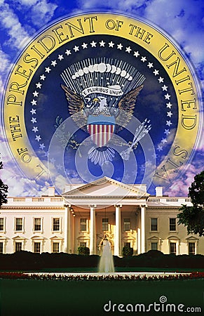 Digital composite: The White House and Seal of the President Stock Photo