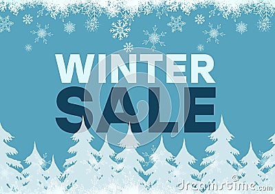 Winter Sale blue background and white firs, snowflakes Stock Photo