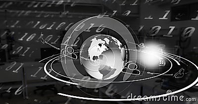 Digital composition of globe spinning over binary coding against empty office Stock Photo