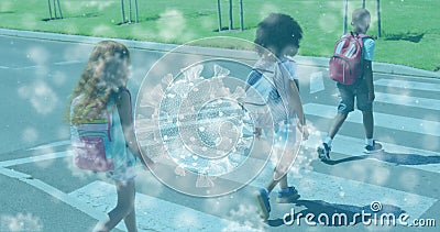 Digital composition of multiple covid-19 cells floating against group of students crossing the road Stock Photo