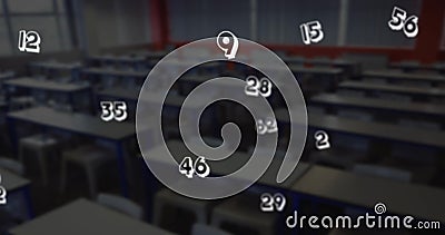 Digital composition of multiple mathematical numbers moving against empty classroom in bakground Stock Photo