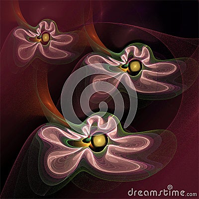 Digital computer fractal art abstract fractals three flying pink flowers Stock Photo