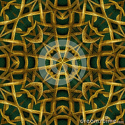 Abstract Digital Render Dark Green & Gold Celtic Pattern Vintage Fabric Background Cartoon Illustration