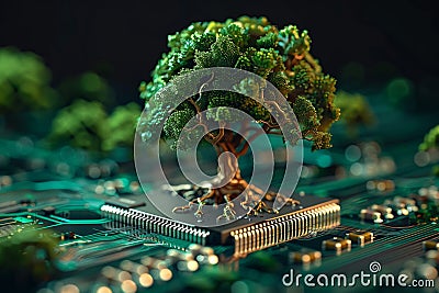 Digital concept tree grows atop circuit board, symbolizing tech nature fusion Stock Photo