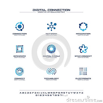 Digital connect creative symbols set, font concept. Social media network abstract business logo. Internet technology Vector Illustration