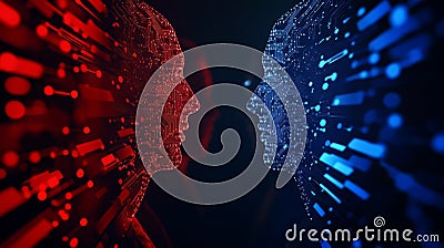 Digital Connection Two AI Faces Converge in a Symphony of Code representing digital connection artificial intelligence binary Stock Photo