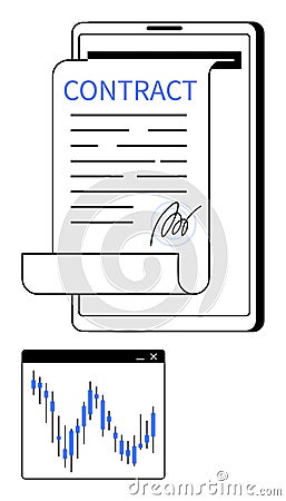 Digital contract signing and financial data analysis on tablet and chart interface Vector Illustration