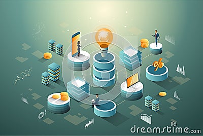 Digital core, business, finance and networks data isometric infographic with idea of people. Vector Illustration