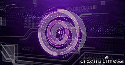 Digital countdown image over futuristic purple interface with circuit patterns Stock Photo