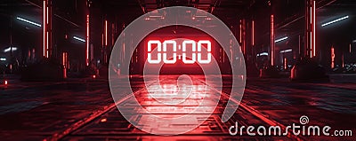 Digital countdown timer display frozen at zero in a futuristic dark space Stock Photo