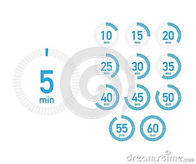 Digital countdown timer with five minutes interval in modern style. Set of 12 timer icons. Vector illustration Vector Illustration