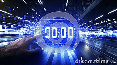 Digital countdown timer reaching zero while a hand attempts to pause time amidst a glitching environment Stock Photo