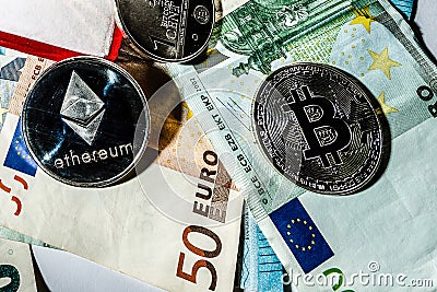 Digital cryptocurrencys bitcoin ethereum Editorial Stock Photo