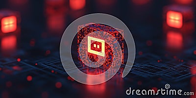 Digital cube with glowing patterns on circuit board background Stock Photo