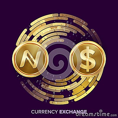 Digital Currency Money Exchange Vector. Namecoin, Dollar. Fintech Blockchain. Gold Coins With Digital Stream Vector Illustration