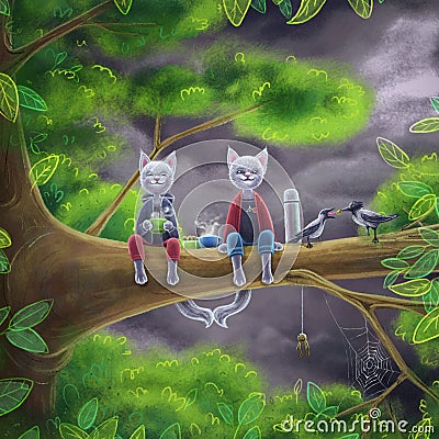 Digital cute illustration of two cats sitting on a tree branch with crows and drinking a tea Cartoon Illustration