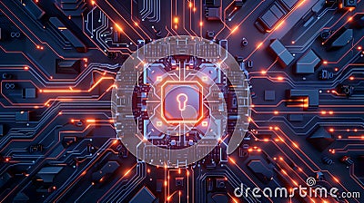 Digital cyber security circuit board, glowing accents, lock in center. Cyber security concept. Generative AI Stock Photo