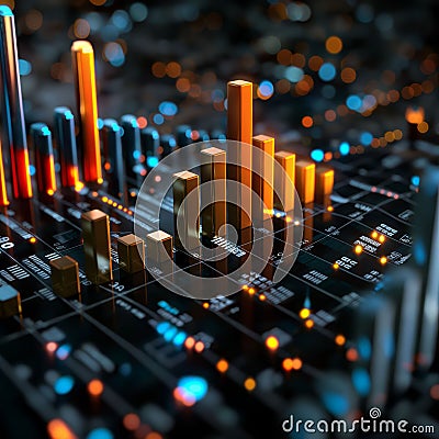 Digital 3D Bar Graph: Illuminated Data Visualization on Dark Background Stock Photo