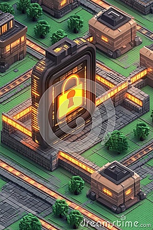 Digital 3D city grid glowing lock icon symbolizing blockchain security decentralized networks urban data protection concepts Cartoon Illustration