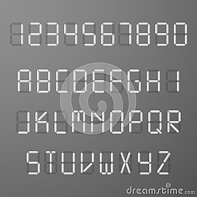 Digital 3d display time numbers and letters vector set Vector Illustration