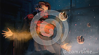 Digital 3d illustration of an armored wizard casting a spell with magic sci-fi technology - fantasy painting Cartoon Illustration