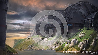 Digital 3D illustration of a large sci-fi structure built into a grassy cliff on the water - fantasy environment painting Cartoon Illustration