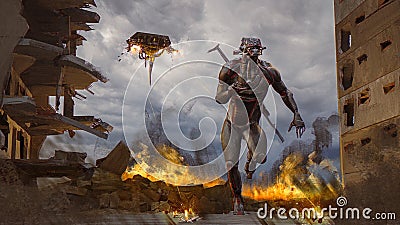 Digital 3d illustration of a mech soldier running from an attack drone in a war zone - digital fantasy painting Cartoon Illustration