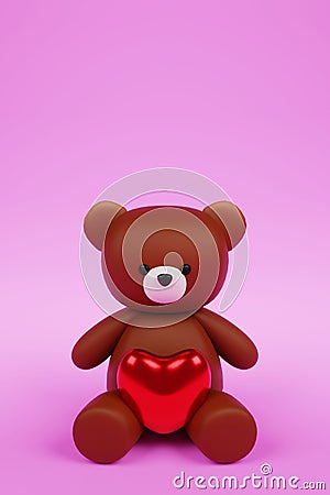 Digital 3D render of a cute romantic brown teddy bear figure with a heart on a pink background Stock Photo