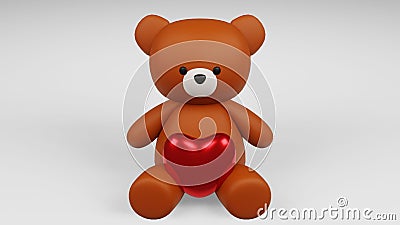 Digital 3D render of a cute romantic brown teddy bear figure with a heart on a white background Stock Photo