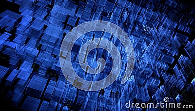 Digital 3d rendering city. Light trails symbolise data travelling in modern city. Flowing data particles and random shapes Stock Photo