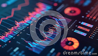 Digital dashboard displays key performance indicators for business analytics, sales. Colorful graphs, charts show financial data. Stock Photo