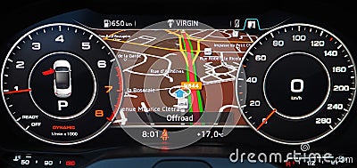 Digital dashboard of a sports car with navigation display Editorial Stock Photo