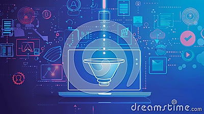 Digital data analysis and processing concept with futuristic laptop interface Cartoon Illustration