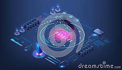 Digital data cloud. Technology center. Files storage. Virtual server. 3d application platform. Isometric network Vector Illustration