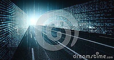 Digital data flow on road with motion blur to create vision of fast speed transfer Stock Photo