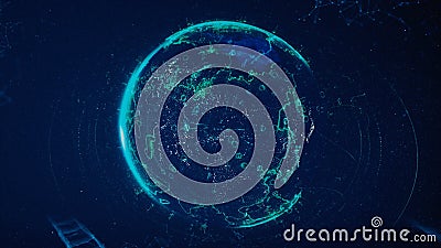 Digital data globe, abstract 3D scientific and technological background. Animation. Earth planet surrounded by schematic Stock Photo
