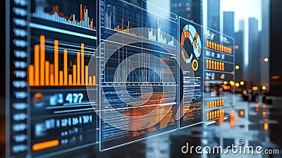 Digital data interface displaying analytics and statistics in an urban environment Stock Photo