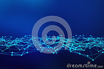 Digital data and network connection triangle lines and spheres in futuristic technology concept on blue background, 3d abstract Cartoon Illustration