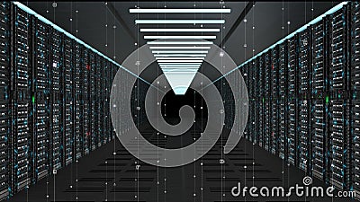Digital data network servers in a server room of a data center or ISP with Electric circuit high speed data transfer Stock Photo