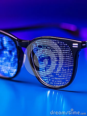 Digital Data Reflection in Eyeglasses Binary code reflected in eyeglasses symbolizes technology innovation vision data Stock Photo
