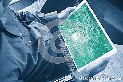 Digital data security system, and internet safety. a man using digital tablet and shielding lock icon on screen Stock Photo