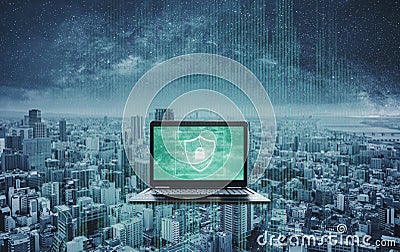 Digital data security system and protection on computer laptop. Computer laptop with shielding and safety system on screen Stock Photo