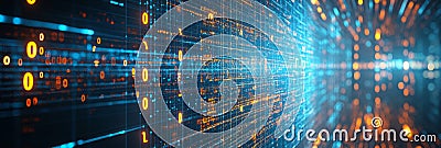 Digital Data Stream Abstract Background with Blue and Orange Binary Code Flowing Through Cyberspace Stock Photo