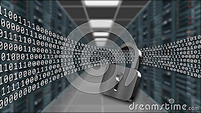 Digital data stream flows through closed padlock - series of binary code on blurred data server room background Cartoon Illustration
