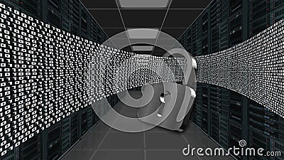 Digital data stream flows through closed padlock - series of binary code on data server room background - internet security Cartoon Illustration